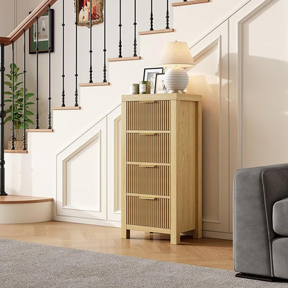 Modern 4-Drawer Solid Wood Dresser with Fluted Front & Gold Handles, Multifunctional Tall Storage Chest, for Hallway, Entryway, Natural