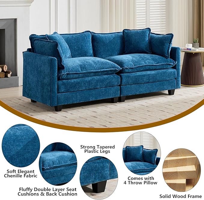 Aoowow Modular Sectional 2 Seater Cloud Sofa Couch for Living Room,78" Loveseat Couch with Deep Seat,Modern Chenille 2 Seat Sofas,Fluffy Small Couches for Bedroom,Small Spaces (Blue, 2 Seater)
