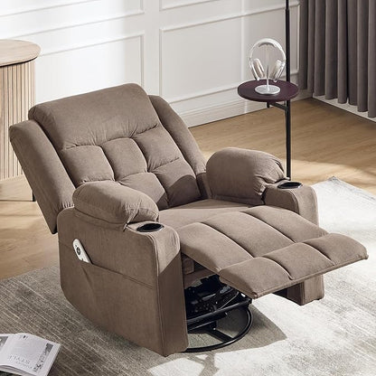 Swivel Rocker Recliner Chair for Adults with Massage and Heat, Cup Holders and Side Pockets, Glider Rocking Reclining Single Sofa Chair for Living Room (Coffee)