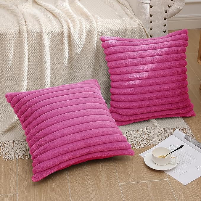 Pallene Faux Fur Plush Throw Pillow Covers 18x18 Set of 2, Luxury Soft Fluffy Striped Decorative Pillow Covers for Sofa, Couch, Living Room, Hot Pink