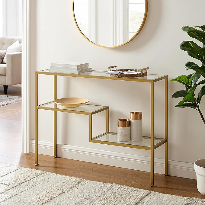 Crosley Furniture Sloane Sofa Console Table with Storage Shelves for Hall, Entryway, or Living Room, Gold
