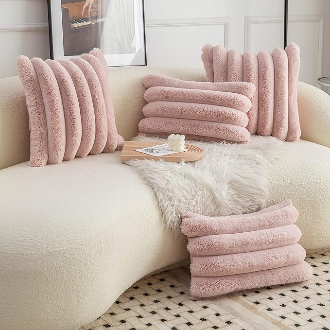 Neelvin Pink Faux Fur Cozy Soft Striped Decorative Throw Pillow Covers 16x16 inch Set of 2,Velvet Pillowcase Cushion Case for Sofa Couch