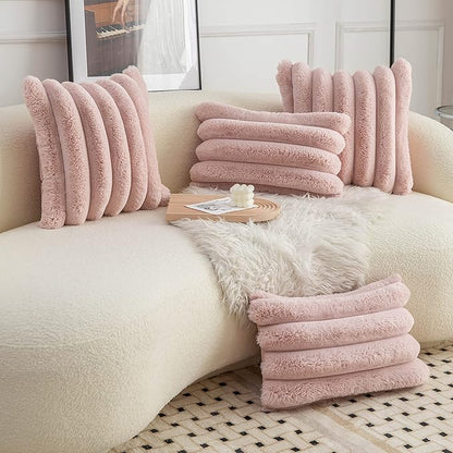 Neelvin Pink Faux Fur Cozy Soft Striped Decorative Throw Pillow Covers 26x26 inch Set of 2,Velvet Pillowcase Cushion Case for Sofa Couch