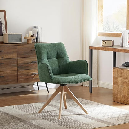Art Leon Desk Chair Without Wheels - Mid Century Modern Swivel Office Chair, Fabric Upholstered Accent Chair with Oak Wood Legs for Small Space Living Room Bedroom, Set of 2, Green