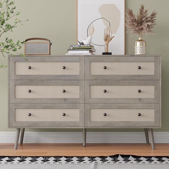 Rattan Dresser for Bedroom, Grey 6 Drawer Dressers & Chest of Drawers, Boho Dresser with Handles Wood Chests Storage Organizer Farmhouse Dressers for Closet, Hallway, Office