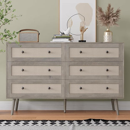 Rattan Dresser for Bedroom, Grey 6 Drawer Dressers & Chest of Drawers, Boho Dresser with Handles Wood Chests Storage Organizer Farmhouse Dressers for Closet, Hallway, Office