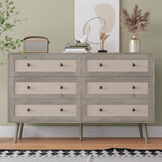 Rattan Dresser for Bedroom, Grey 6 Drawer Dressers & Chest of Drawers, Boho Dresser with Handles Wood Chests Storage Organizer Farmhouse Dressers for Closet, Hallway, Office