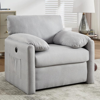 Oversized Accent Chair Mid-Century Modern Armchair for Living Room,USB and Type-C Ports,Comfy Reading Chairs for Bedroom with Side Pockets,Extra-Wide Single Sofa Chair (LightGrey, Set of 1)