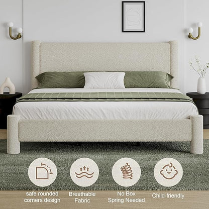 King Size Bed Frame, Boucle Bed Frame with Headborad, Soft Upholstered Platform Bed Frame with Rounded Corners, No Box Spring Required, Easy Assembly, Cream