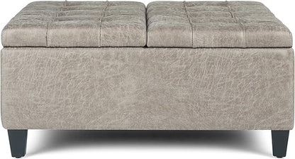 SIMPLIHOME Harrison 36 inch Wide Transitional Square Coffee Table Storage Ottoman in Distressed Grey Taupe Vegan Faux Leather, Assembled, For the Living Room and Bedroom