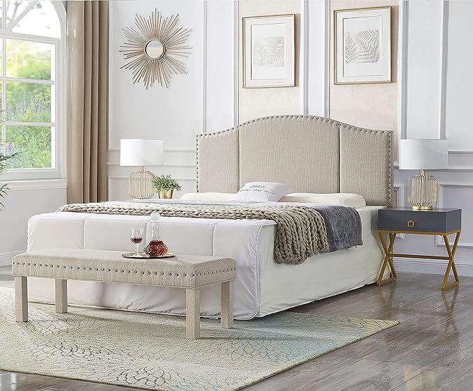 24KF Middle Century Linen Upholstered Tufted King Size Headboard with Antique Brass Nail Heads Trim King/California King headboard-Linen