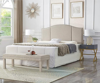 24KF Middle Century Linen Upholstered Tufted King Size Headboard with Antique Brass Nail Heads Trim King/California King headboard-Linen