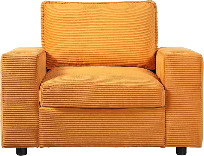 Christopher Knight Home Zoe Oversized Chaise Lounge Chair Indoor with Cup Holders & USB Charging Port, Corduroy Upholstered Sofa Bed + Ottoman with Storage, Comfy Deep Seat Sleeper Sofa Chair, Yellow
