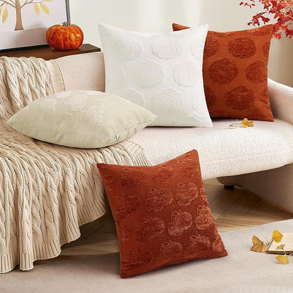 decorUhome Decorative Cream White Pumpkin Thanksgiving Throw Pillow Covers 18x18 Set of 2, Soft Chenille Jacquard Farmhouse Textured Pillow Covers for Couch Bed Sofa Autumn Harvest Halloween Holiday