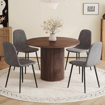 42" Round Dining Table Set for 4 with Storage, 5 Piece Round Dining Table Set with Fabric Chairs, Round Kitchen Table and Chairs for 4 with Thick Wood Top, Roman Column Pedestal, Space-Saving