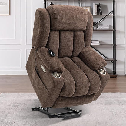 Power Lift Chair for Elderly, Electric Recliner Chair with 8-Point Vibration Massage and Lumbar Heating, Charging Ports, Cup Holders, Standing Assistance Reclining - Brown