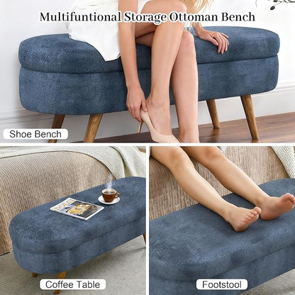 Storage Ottoman Bench 43" Storage Bench for Bedroom, Upholstered Soft Boucle Fabric End of Bed with Safety Hinge Solid Wood Legs Foot Stool Benches for Hallway,Closet,Oval, Entryway, Dark Blue