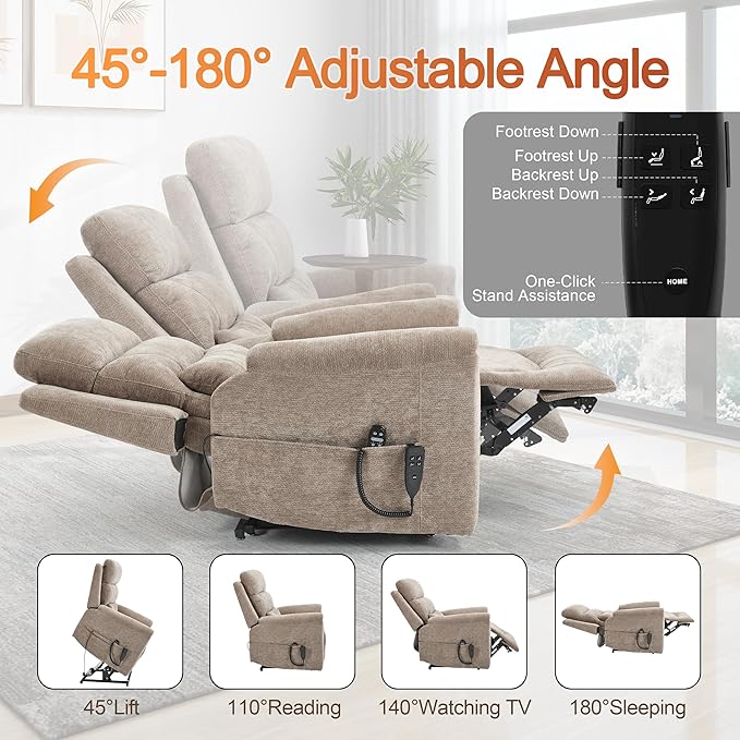 Power Lift Recliner Chair for Elderly People, Dual Motor Lay Flat Recliner with Vibration Massage and Heat, Heavy Duty Motion Mechanism Standing Assistance Reclining Chair, Chenille Fabric Khaki