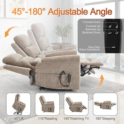 Power Lift Recliner Chair for Elderly People, Dual Motor Lay Flat Recliner with Vibration Massage and Heat, Heavy Duty Motion Mechanism Standing Assistance Reclining Chair, Chenille Fabric Khaki