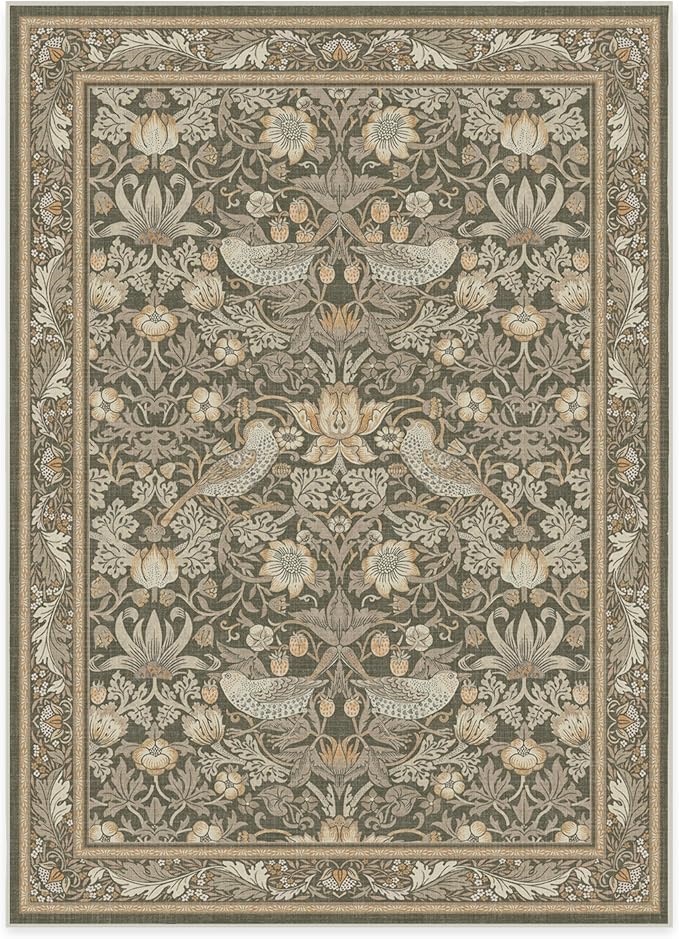 RUGGABLE x Morris & Co Machine Washable Area Rug – Strawberry Thief Stone Gold 5x7, Stain-Resistant, Non-Slip – Medium Rugs for Living Room, Bedroom, Hallway, Entryway & Office–with Cushioned Pad