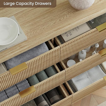 SUNWAVE 6 Drawer Dresser for Bedroom, 49.6" Wide Modern Fluted Dresser with Round Corner, Wood Chest of Drawers for Living Room