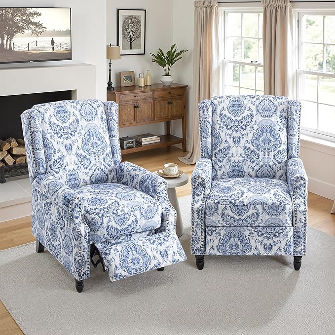 Pushback Recliner Chair Set of 2, Floral Fabric Wingback Recliner Chair, Upholstered Armchair Push Back Recliner, Rivet Trim Single Sofa Accent Chair with Wood Legs for Living Room, Navy