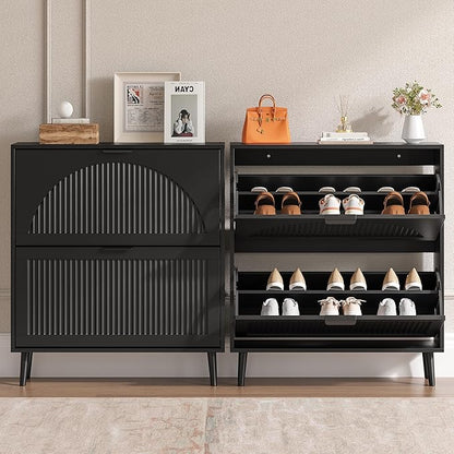 Shoe Cabinet for Entryway with 2 Flip Drawers, Slim Wooden Shoe Storage Organizer with Modern Fluted Pannel，Freestanding Narrow Hidden Shoe Rack for Hallway, Foyer, Living Room