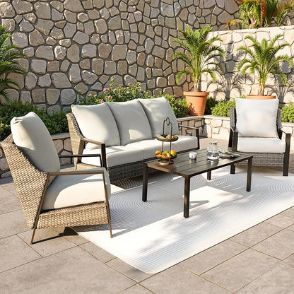 4 Piece Patio Furniture Set, All-Weather Wicker Outdoor Conversation Set with 4.72" Olefin Thick Cushions – 3-Seat Sofa, 2 Armchairs & Coffee Table for Deck, Porch, Balcony, Backyard, Beige