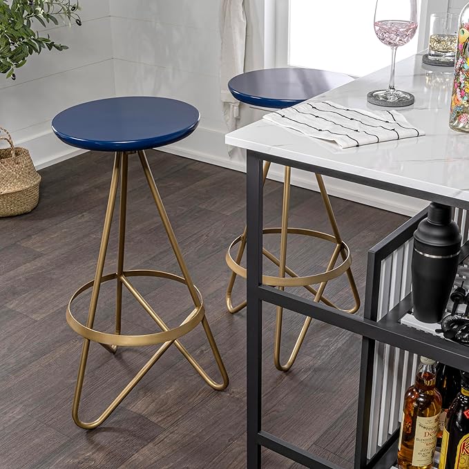 JONATHAN Y BSL1000A Spiroa 30" Modern Industrial Metal Backless Circular Bar Stool for Home, Kitchen, Dining Room, Workspaces, Cafes and Resturants, Navy Seat with Gold Frame