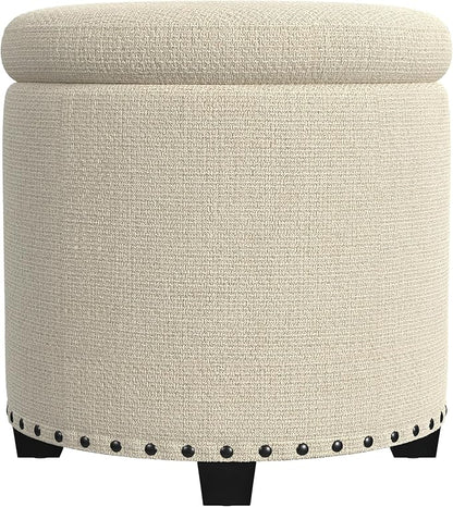 HomePop Home Decor | Upholstered Round Storage Ottoman with Nailheads| Ottoman with Storage for Living Room & Bedroom, Cream Woven