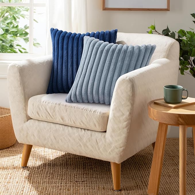 Pallene Faux Fur Plush Throw Pillow Covers 24x24 Set of 2, Luxury Soft Fluffy Striped Decorative Pillow Covers for Sofa, Couch, Living Room, Blue Grey