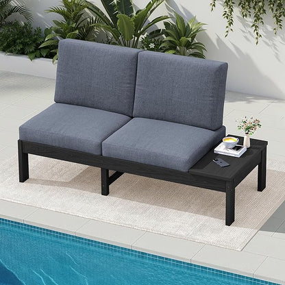 SERWALL HDPE Outdoor Loveseat Set, All-Weather Modular Patio Sofa, Sectional Seating for Backyard or Balcony, Garden, Black Frame with Grey Cushion