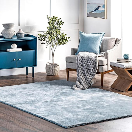 nuLOOM 6' Square Cozy Plush Area Rug, Machine Washable, Non-Slip, Soft Fluffy Shag Carpet for Living Room Bedroom Kids Room Nursery Home Decor, Loni Light Blue