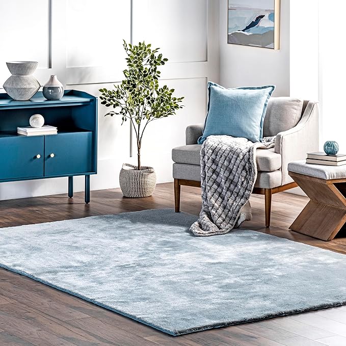 nuLOOM 4' Square Cozy Plush SuperiorWash Area Rug, Machine Washable, Non-Slip, Soft Fluffy Shag Carpet for Living Room Bedroom Kids Room Nursery Home Decor, Loni Light Blue