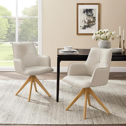 Art Leon Mid Century Modern Swivel Accent Chair - Home Office Desk Chair No Wheels, Genuine Leather Upholstered Armchair with Oak Wood Legs for Small Space Living Room Bedroom, Off White