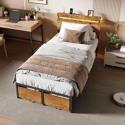 Forestell Twin Bed Frames with Wood Headboard, Metal Platform Bed with 2 Storage Drawers & Shelf, Built in Charging Station & LED Lights, No Box Spring Needed, Vintage Brown, Camas Twin Size