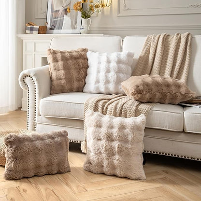 Pack of 2 Thick Plush Throw Pillow Covers Fluffy Wave Faux Fur Decorative Cushion Covers Soft Wool Pillowcase for Sofa Couch Livingroom 24x24 Inch Camel
