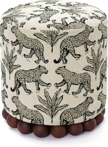 First of a Kind Ottoman Foot Rest - Cream Fabric Round Ottoman Stool with Solid Wood Spherical Orbs - 15.7" W x 15.7" D x 18.3" H - Handmade, Easy Clean, 330 lbs Weight Capacity