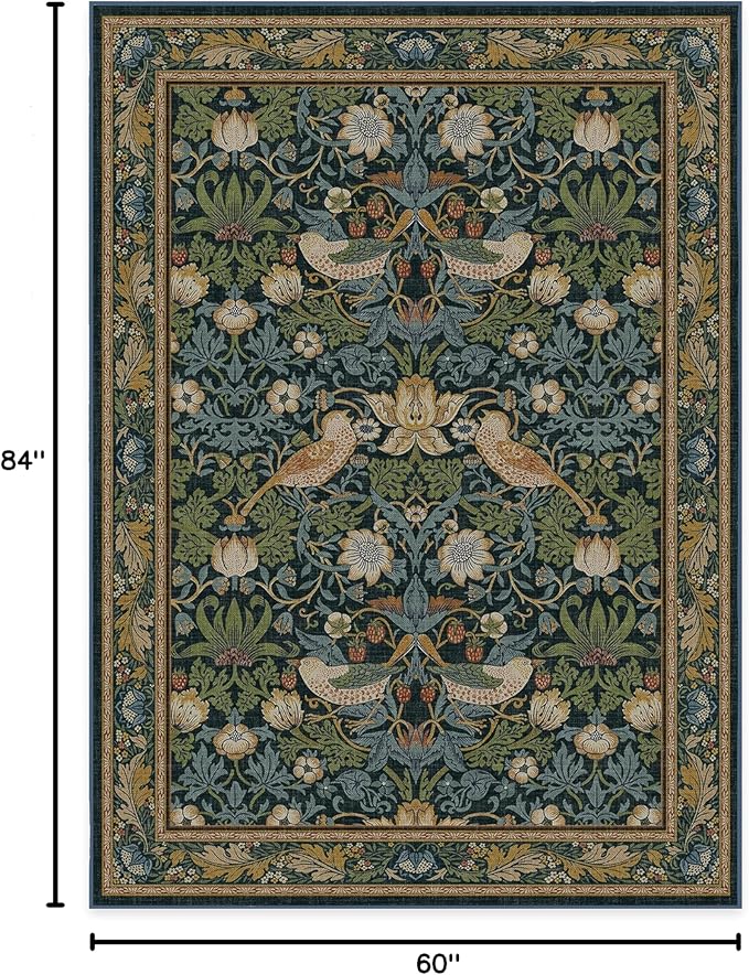RUGGABLE x Morris & Co Washable Area Rug – Strawberry Thief Indigo 5x7, Stain-Resistant, Non-Slip – Medium Machine Washable Rugs for Living Room, Bedroom, Hallway, Entryway & Office–with Standard Pad