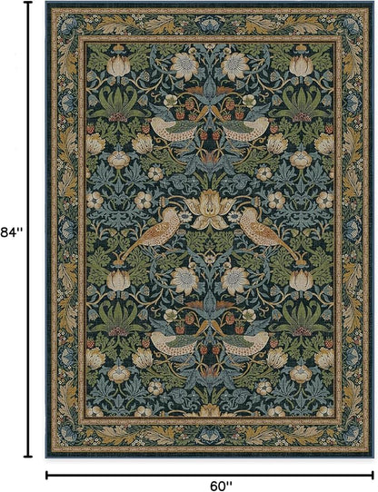 RUGGABLE x Morris & Co Washable Area Rug– Strawberry Thief Indigo 5x7, Stain-Resistant, Non-Slip – Medium Machine Washable Rugs for Living Room, Bedroom, Hallway, Entryway & Office–with Cushioned Pad