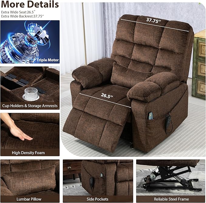 Oversized Zero Gravity Power Lift Recliner Chair for Elderly Adults Big Man Electric Lay Flat Recliner Triple Motor with Heat and Massage, Adjustable Seat Height, Arm Storage, Cup Holder