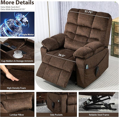 Oversized Zero Gravity Power Lift Recliner Chair for Elderly Adults Big Man Electric Lay Flat Recliner Triple Motor with Heat and Massage, Adjustable Seat Height, Arm Storage, Cup Holder