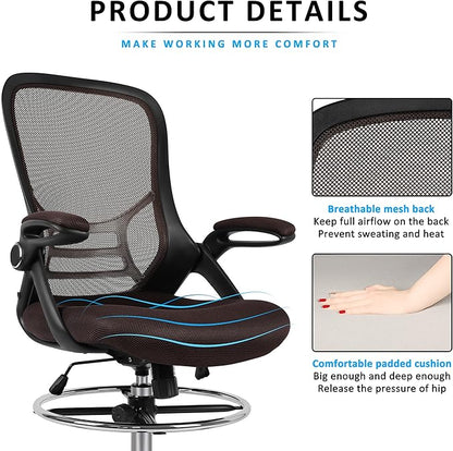 HYLONE Drafting Chair, Tall Office Chair Standing Desk Chair Brown Mesh High-Back Drafting Stool with Flip-Up Arms, Adjustable Foot Ring, Brown