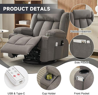 Power Swivel Rocker Recliner Chair with Heat and Massage, USB and Type-C Charging Port, Electric Glider Rocking Chairs, Oversized Recliner Chairs for Adults(Fabric, Grey)