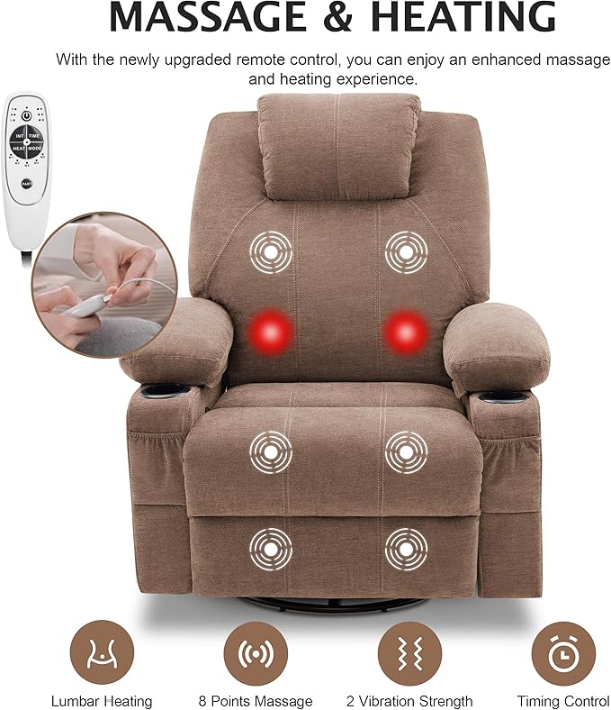 Oversized Swivel Rocker Recliner Chair with Heat and Massage, Large Big Recliner Chair for Living Room, 360 Degree Swivel Rocking Single Sofa with Cup Holders and USB Port(Fabric, Nut Brown)