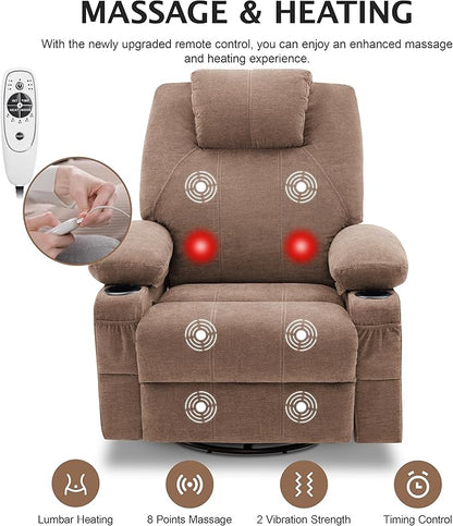 Oversized Swivel Rocker Recliner Chair with Heat and Massage, Large Big Recliner Chair for Living Room, 360 Degree Swivel Rocking Single Sofa with Cup Holders and USB Port(Fabric, Nut Brown)
