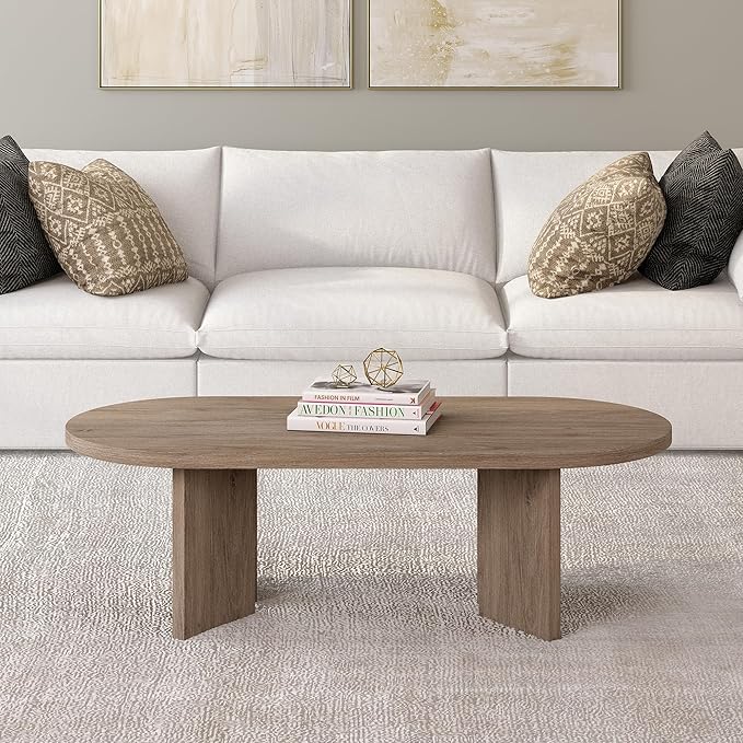 Henn&Hart 48" Oval Wood Low-Profile Coffee Table for Living Room, Family Room or Office, Antiqued Gray Oak