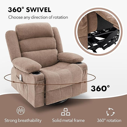 Oversized Recliner Chairs for Adults, 360° Swivel Rocking Recliner with Heat and Massage Lazy Boy Recliner,Recliner Chairs Single Sofa Seat with Cup Holders (Browm, Regular)