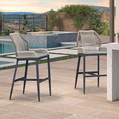PURPLE LEAF 4 Pieces Bar Stools Patio Modern Rattan Barstools Aluminum Woven Tall Bar Chairs with Cushions for Outdoor Kitchen Island Garden