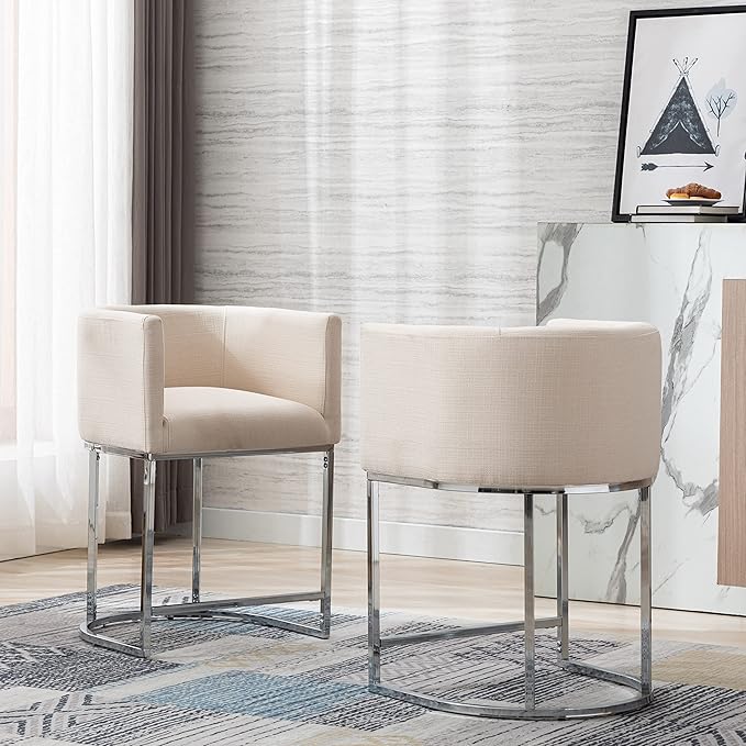 Contemporary Cream Linen Bar Stools Set of 2, 24" Upholstered Fabric Counter Height Barstools Kitchen Counter Island Stools with Screwed Together Chrome Finish Base